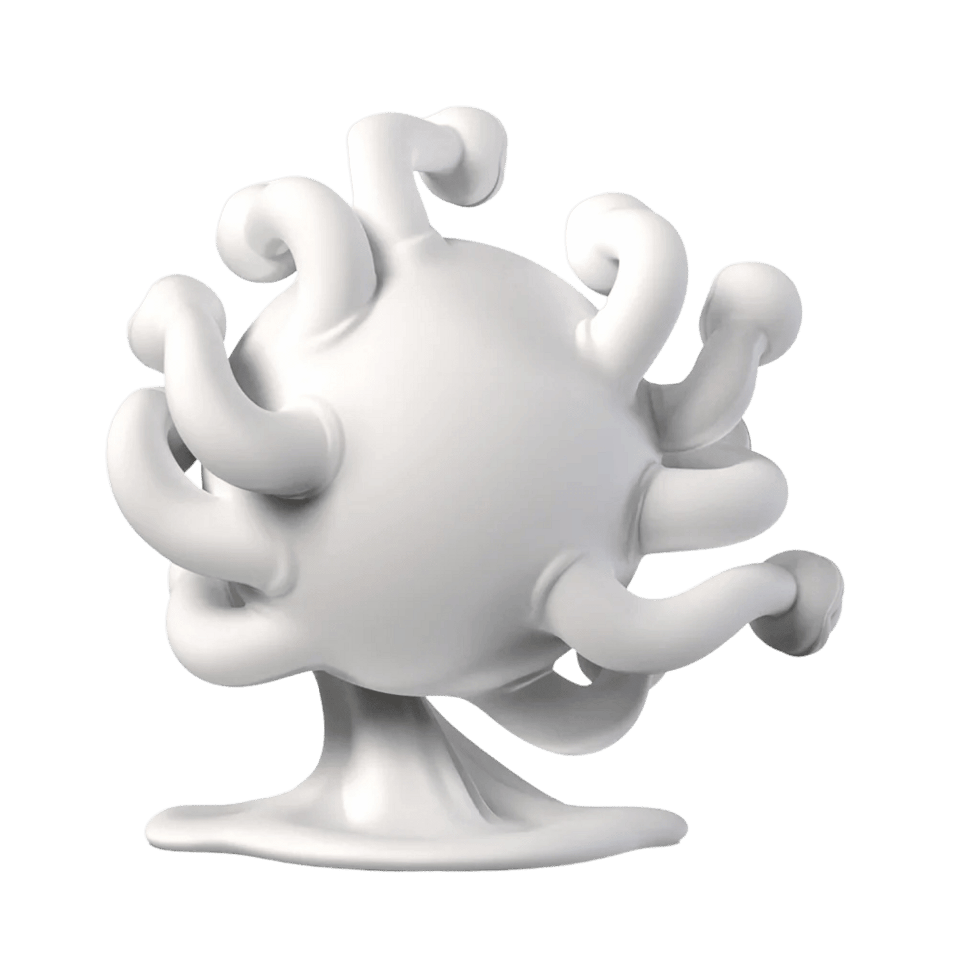 A white, spherical form with multiple curly tentacles, standing on a melted-looking base