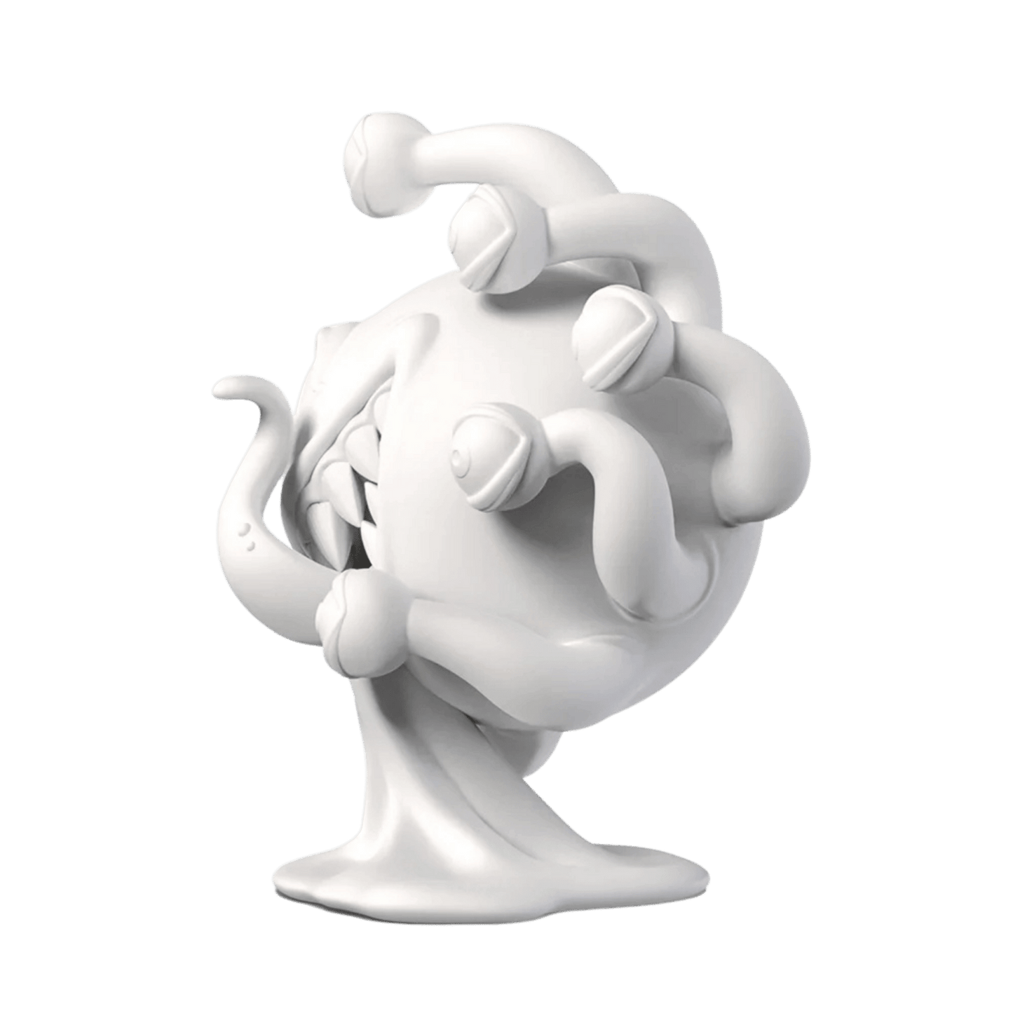 A white stylized spherical monster with eye stalks, sharp teeth, and a tentacle