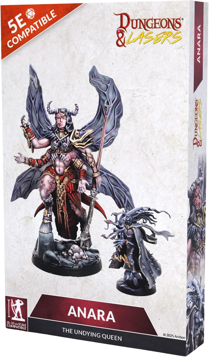 Box for Dungeons & Lasers 5E Anara miniatures: a multi-armed, horned queen with wings and a small cloaked figure