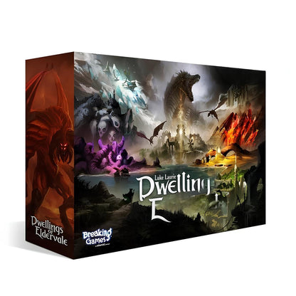 Dwellings of Eldervale board game box, depicting a vibrant fantasy world with a dragon, red demon, and diverse biomes.