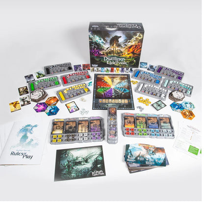 Dwellings of Eldervale board game laid out. Includes its box, game board, rulebook, cards, tokens, and various components.