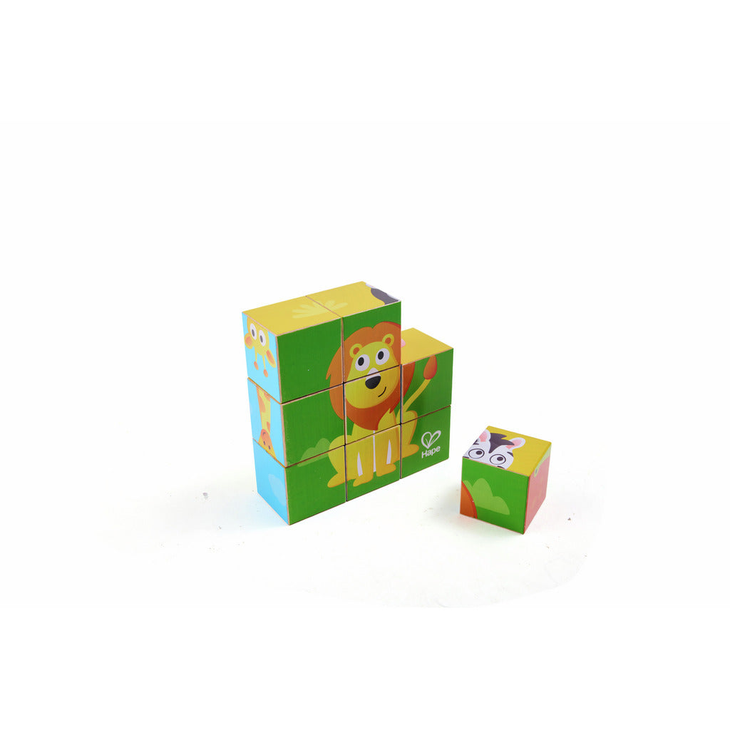 Colourful Hape wooden block puzzle. Six blocks form a lion, with a giraffe on the side. One block shows a zebra head.