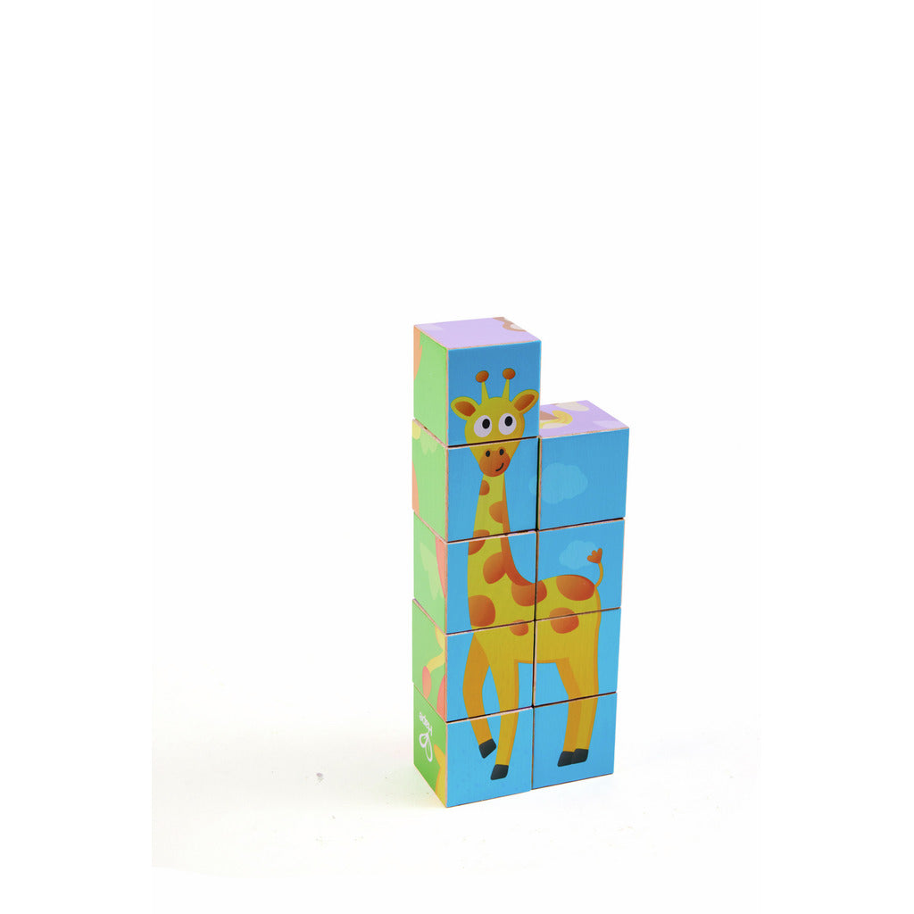 Children's puzzle blocks arranged to form a cheerful cartoon giraffe against a white background.