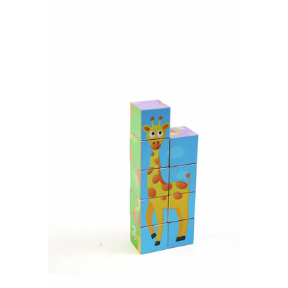 Children's puzzle blocks arranged to form a cheerful cartoon giraffe against a white background.