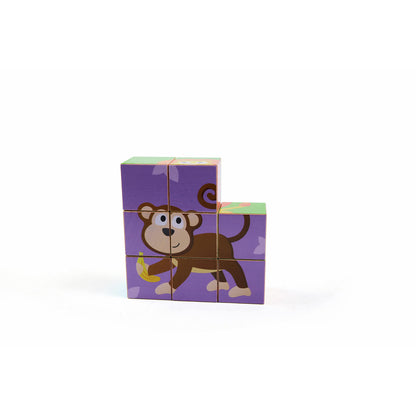 Wooden block puzzle of a brown monkey holding a banana, against a purple background.