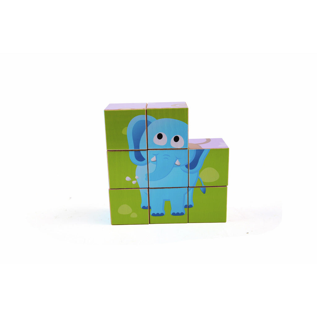 A blue cartoon elephant formed by six green puzzle cubes, standing on a white background.