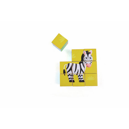 A completed six-block puzzle shows a cartoon zebra; one extra yellow block lies nearby.
