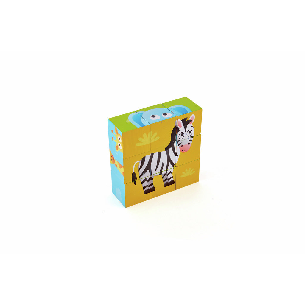 A 9-block children&#39;s puzzle assembled to show a cartoon zebra, with an elephant&#39;s head on top and a giraffe&#39;s neck left.