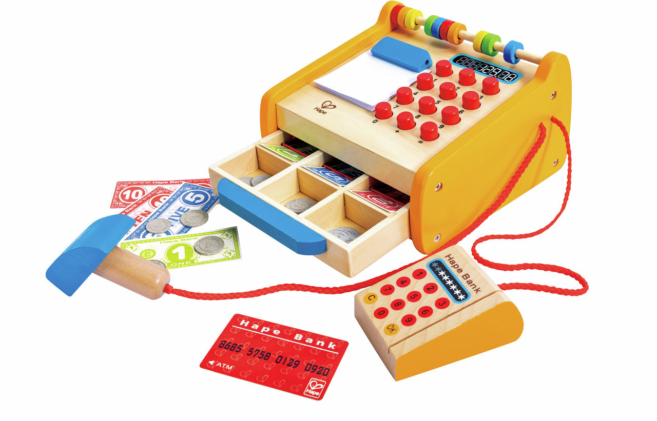 Wooden toy cash register set with abacus, scanner, credit card reader, and colourful play money