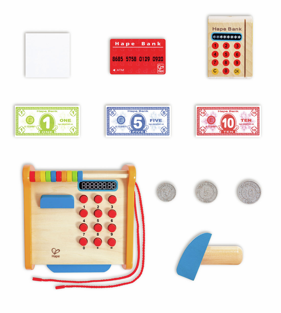 Hape wooden toy ATM machine, credit card, paper bills ($1, $5, $10), coins, and wooden safe key for children's pretend play