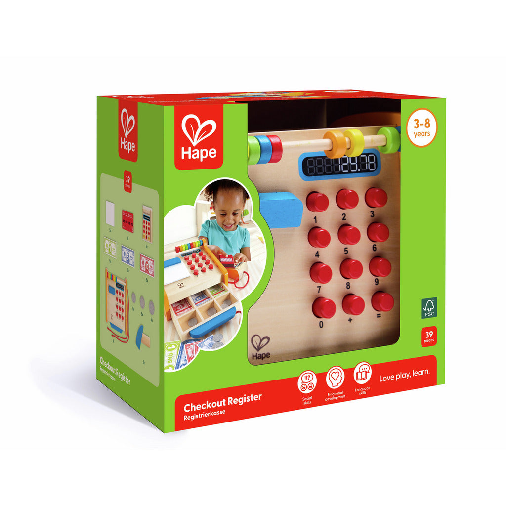 Hape Checkout Register wooden toy box with red buttons, digital display, and abacus