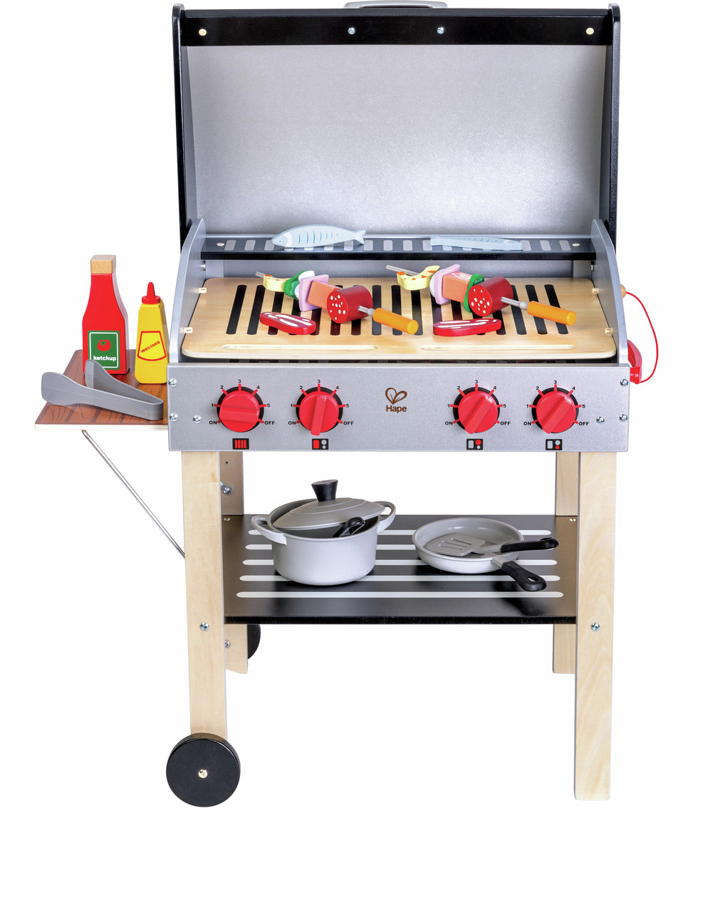 Wooden play BBQ grill set loaded with toy kebabs, sausage, fish, ketchup, and cookware
