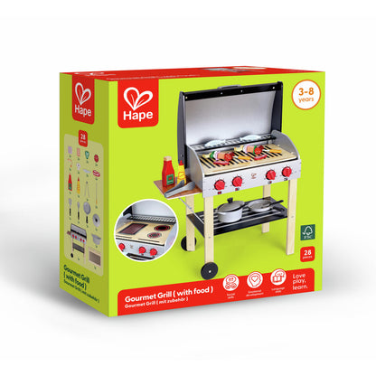Hape wooden Gourmet Grill toy set with play food, sauces, and cookware
