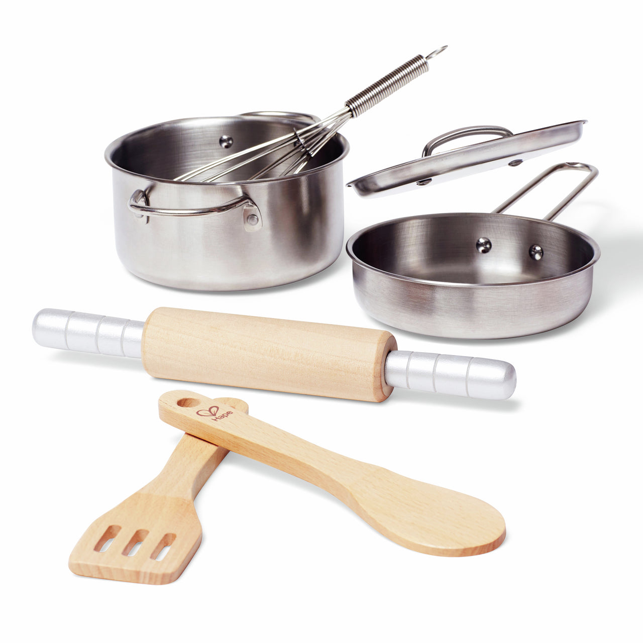 Toy kitchen set with stainless steel pot, pan, whisk, wooden rolling pin, and spatulas