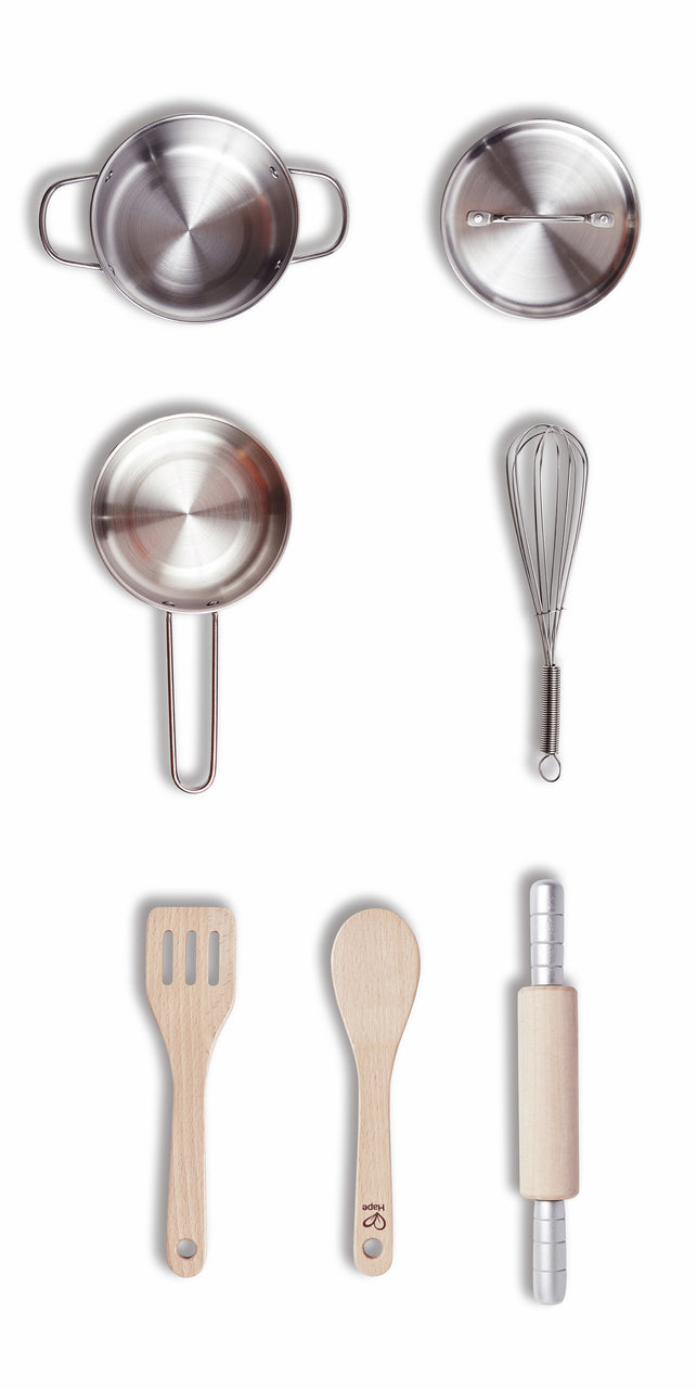 Toy kitchen cooking set: metal saucepan, frying pan, whisk, wooden spoon, spatula, and rolling pin