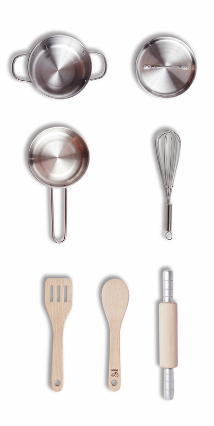 Toy kitchen cooking set: metal saucepan, frying pan, whisk, wooden spoon, spatula, and rolling pin
