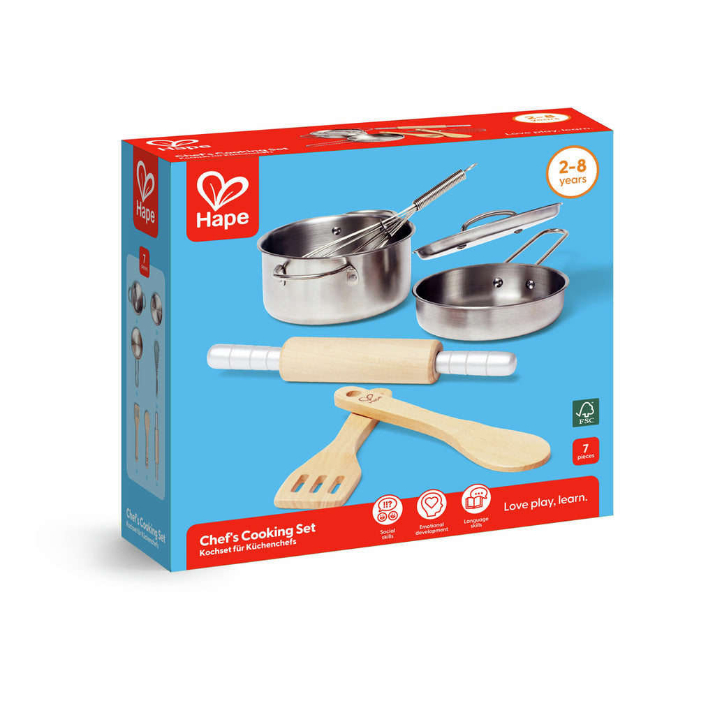 Hape Chef's Cooking Set, toy metal pot, pan, whisk, wooden rolling pin, and utensils shown on the blue product packaging