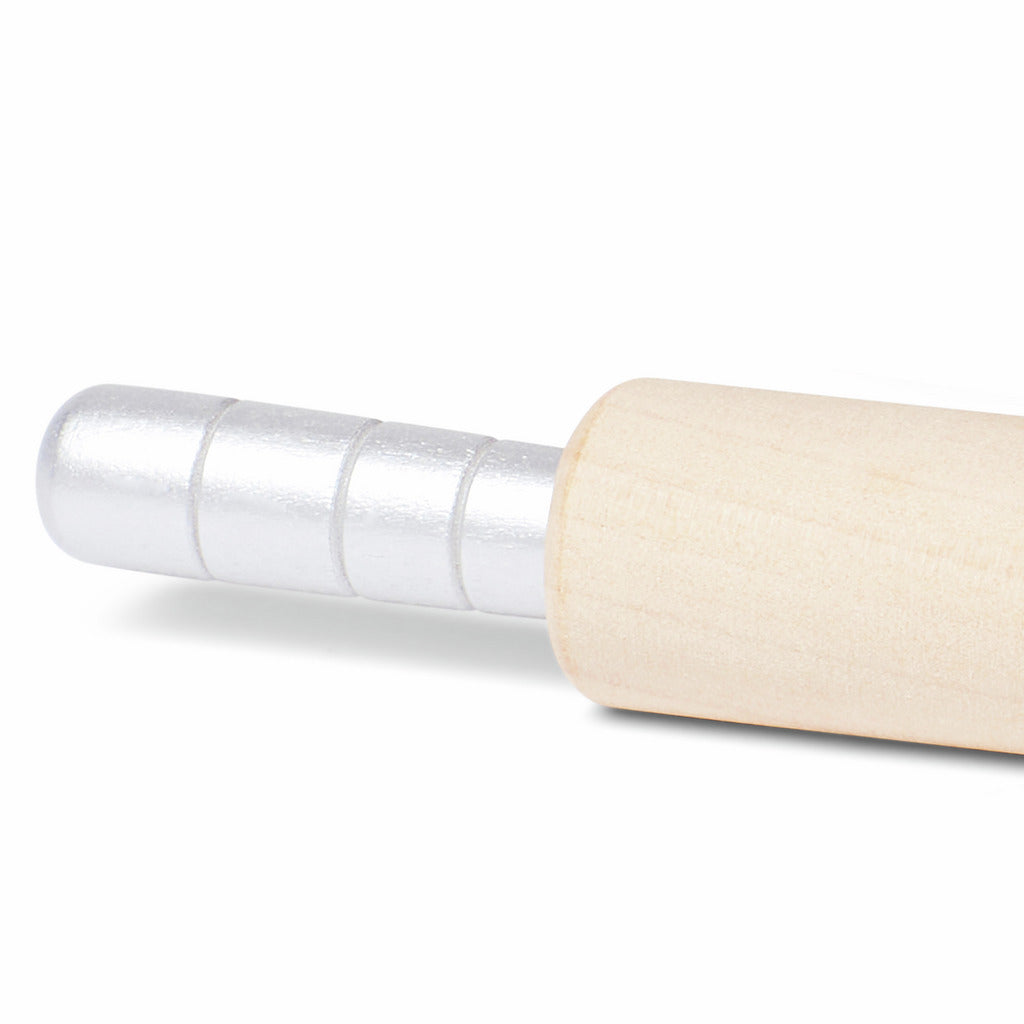 Close-up of a wooden rolling pin handle, showing the light wood roller and the shiny silver metal axle end on a white background