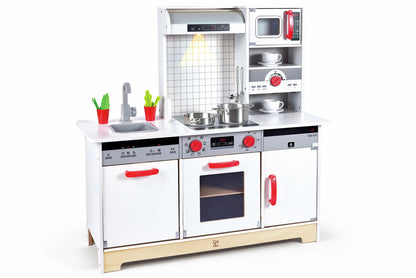 Deluxe white wooden toy kitchen playset with sink, oven, microwave, stove, and red details