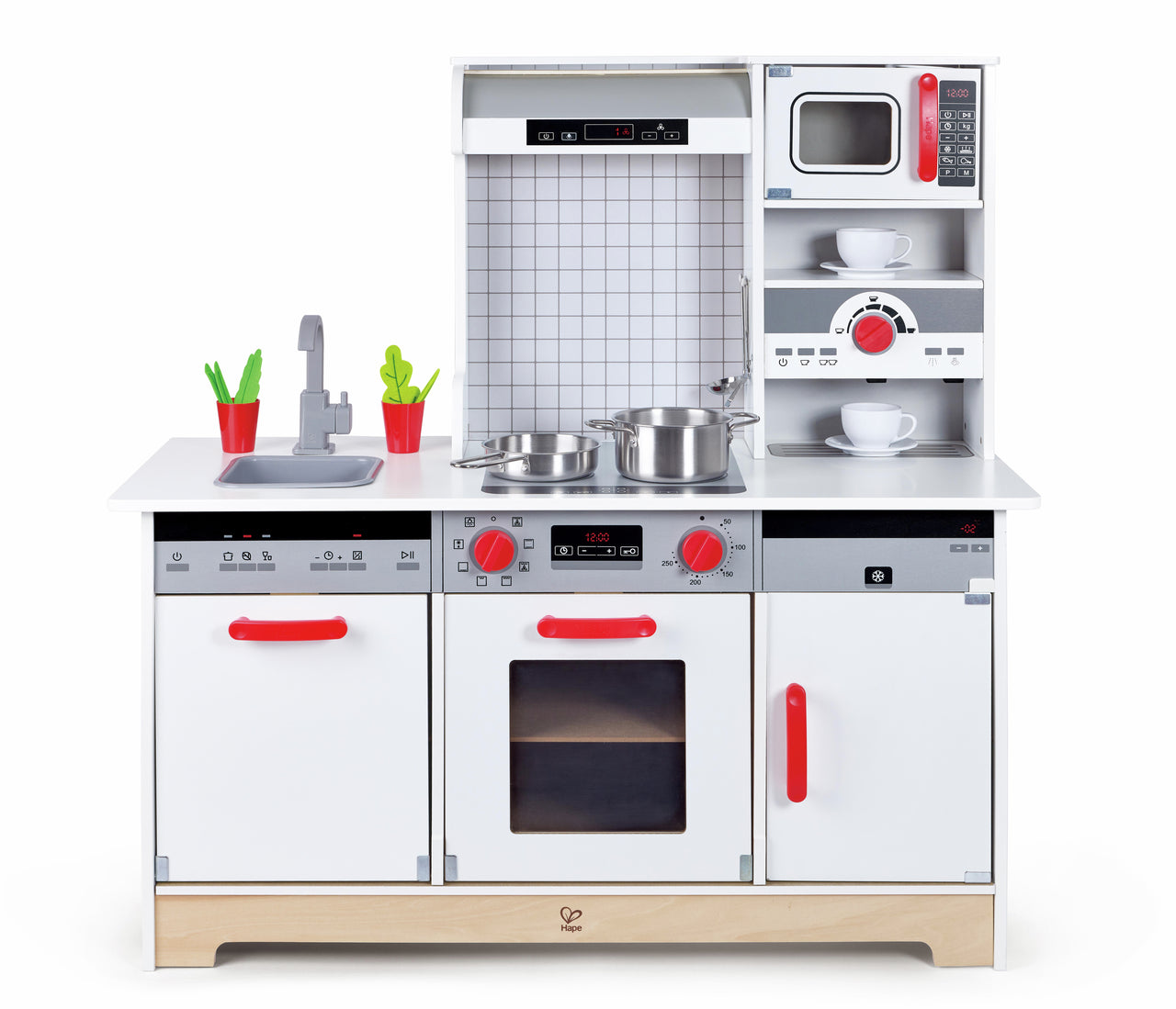 White wooden toy kitchen with sink, microwave, oven, stove, red handles, and metal pots on a white background