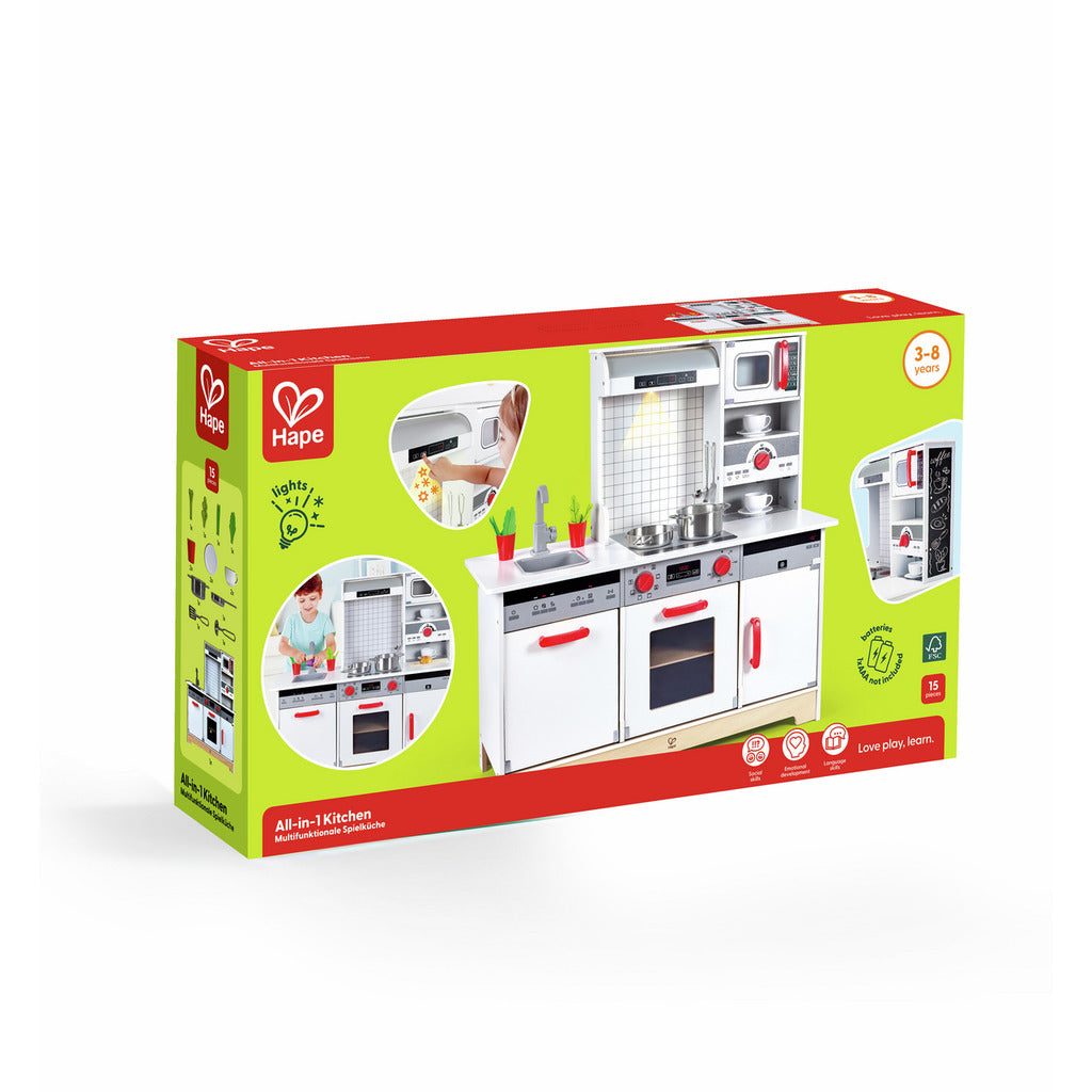Hape All-in-1 wooden toy kitchen playset in white and red, packaged in a retail box