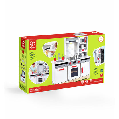 Hape All-in-1 wooden toy kitchen playset in white and red, packaged in a retail box