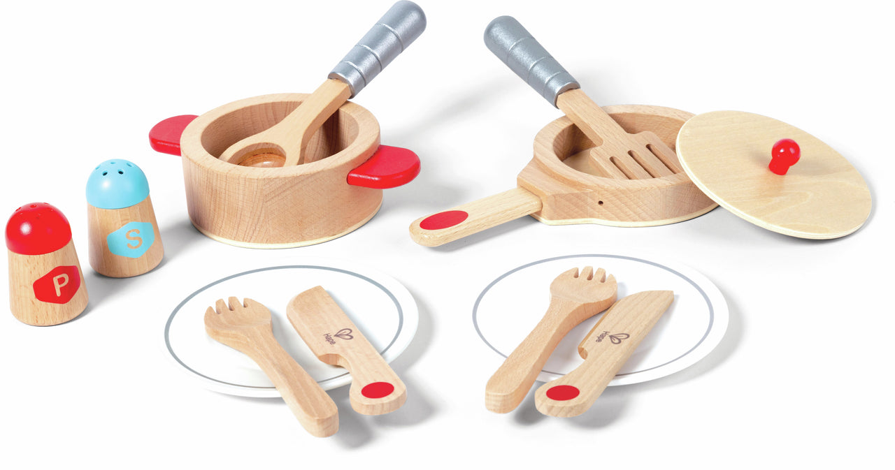 Wooden play kitchen cooking set with pot, pan, utensils, plates, and two shakers