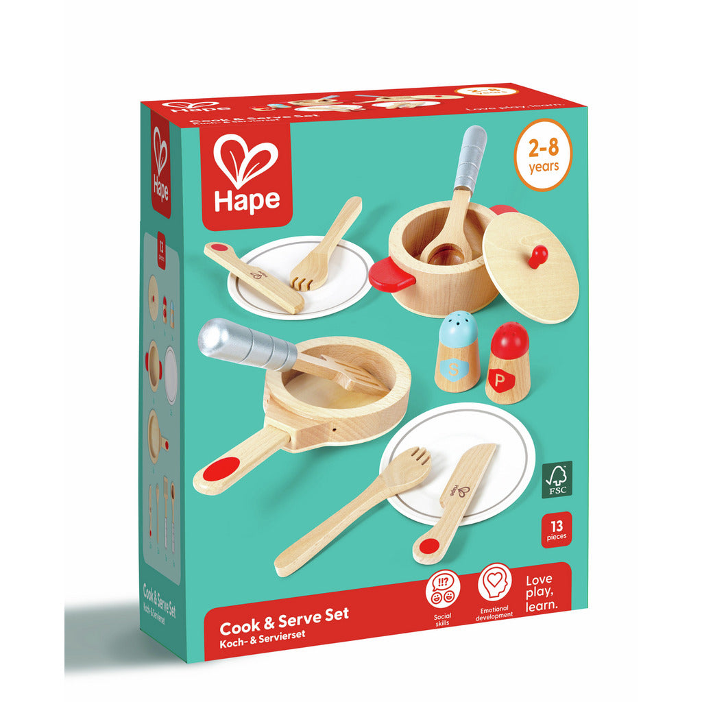 Hape wooden "Cook & Serve Set" toy kitchen accessories including pot, pan, salt and pepper shakers, and utensils