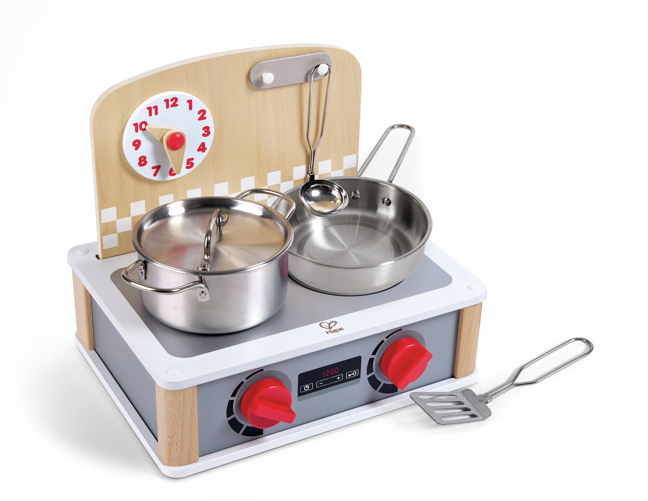 Wooden play kitchen stove set with stainless steel cookware (pot, pan, ladle, spatula) and a functional clock