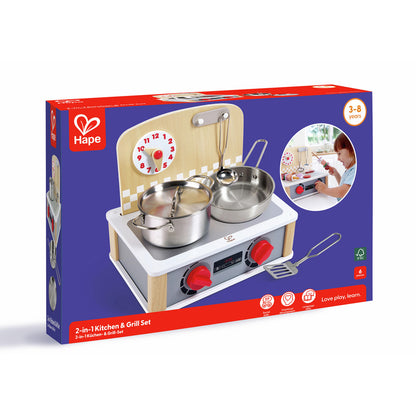Hape 2-in-1 Wooden Kitchen and Grill Set toy box, showing stove, pots, spatula, ladle, and analog clock