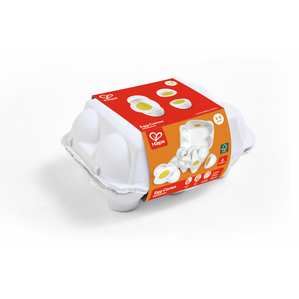 Hape Egg Carton toy set in a white carton packaging with a red label showing play eggs