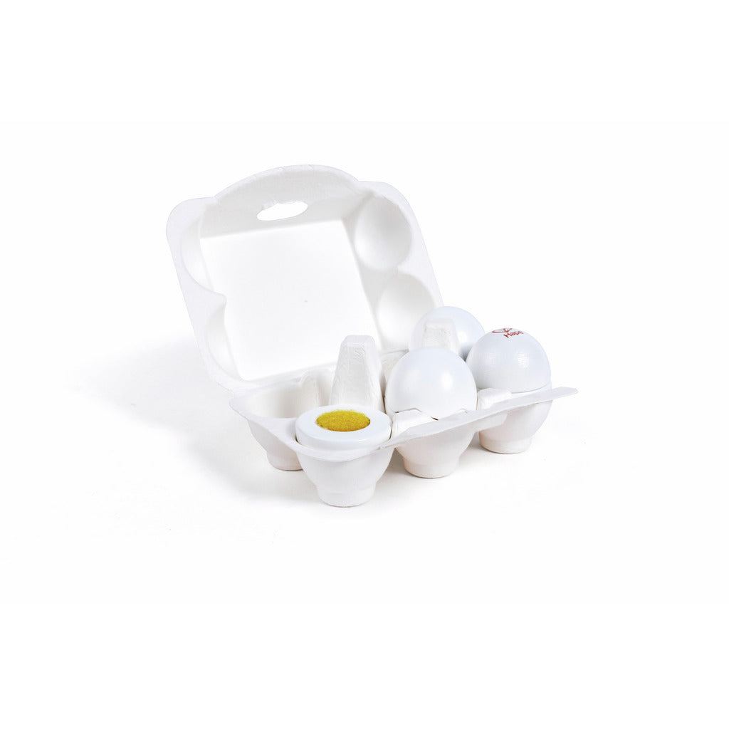 Toy egg carton holding white eggs, one split open to show a yellow yolk