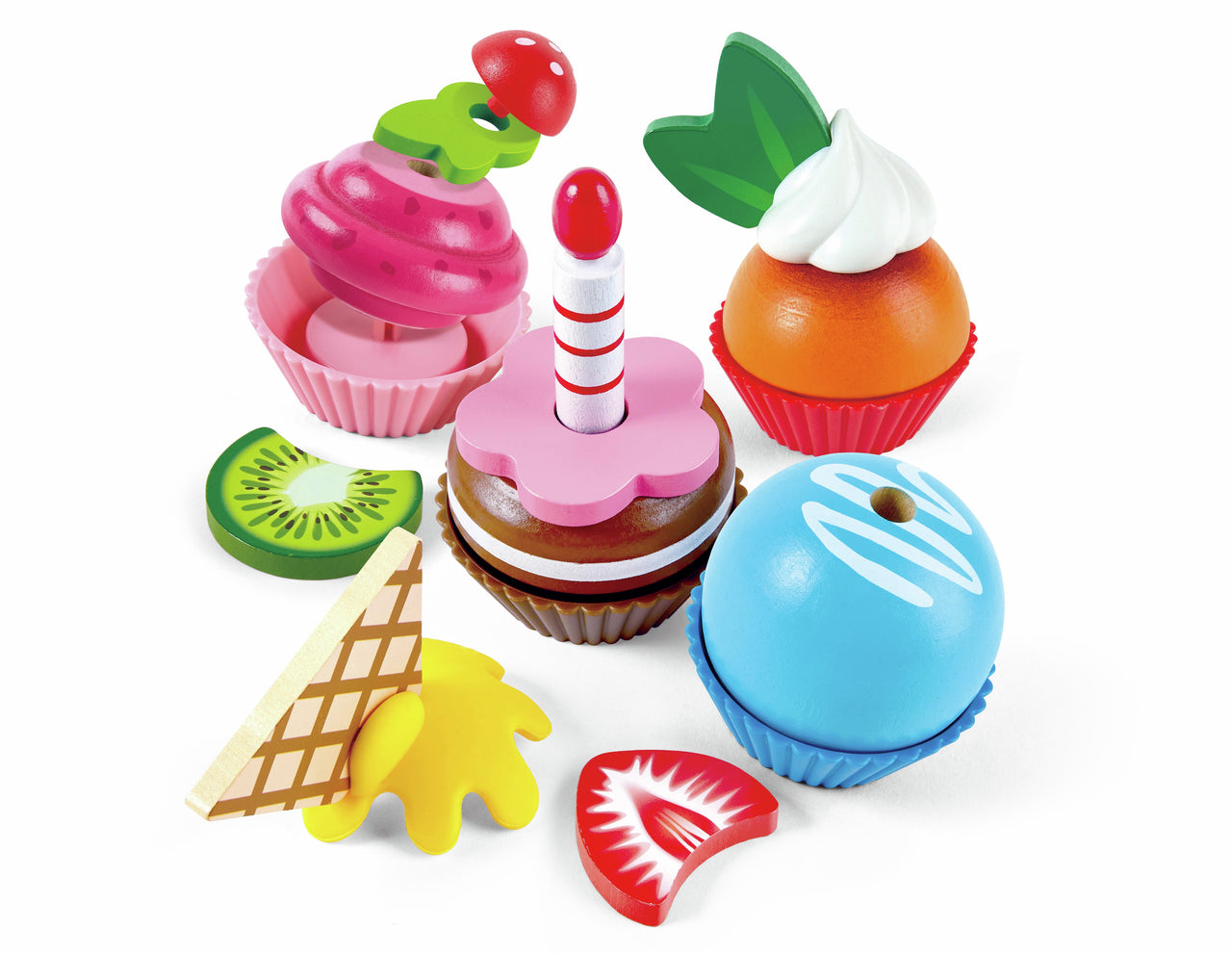 Vibrant collection of toy desserts: wooden cupcakes, cake, and assorted fruit pieces