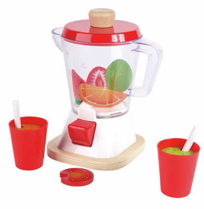 Play smoothie blender set with wooden fruit slices inside and two red cups of pretend juice