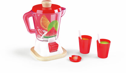 Toy blender with fruit slices and two red cups of pretend smoothies