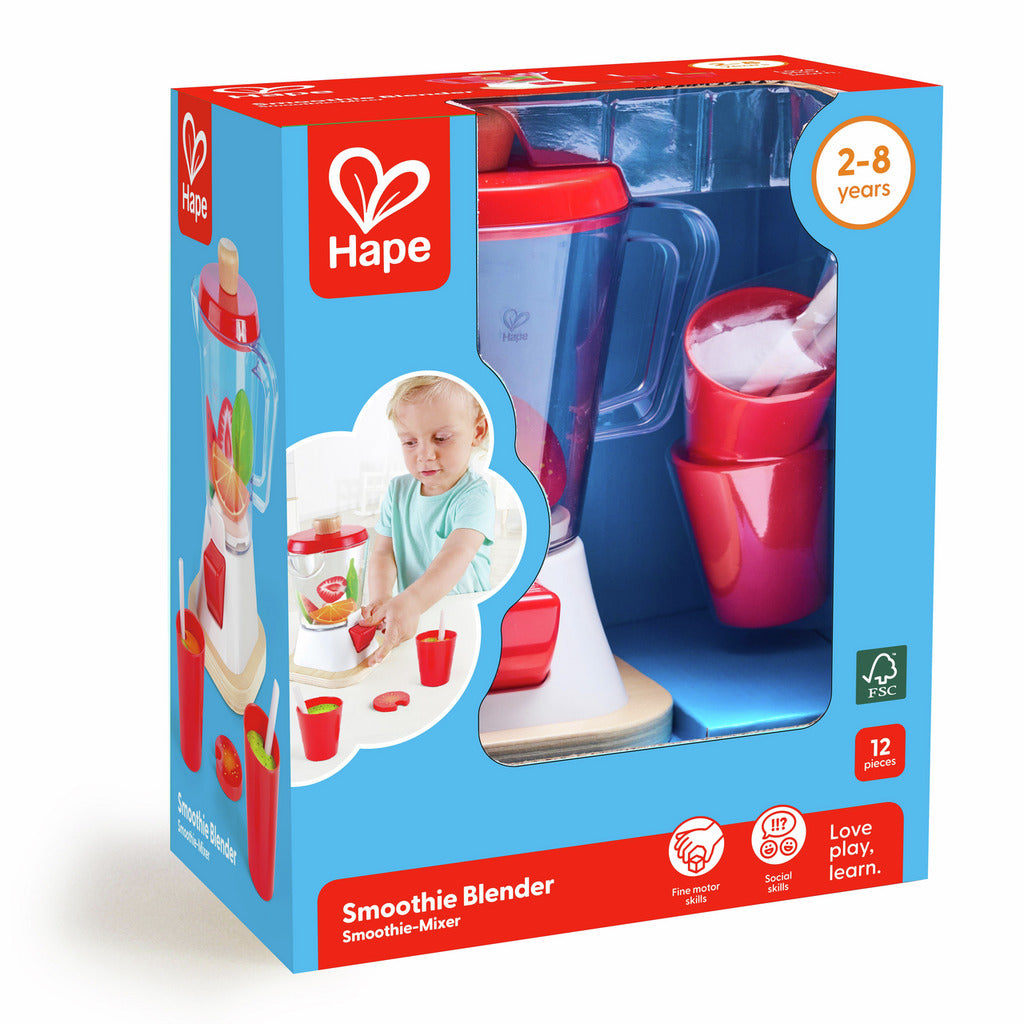 Hape Smoothie Blender toy set in retail packaging, showing a red and white toy blender and cups