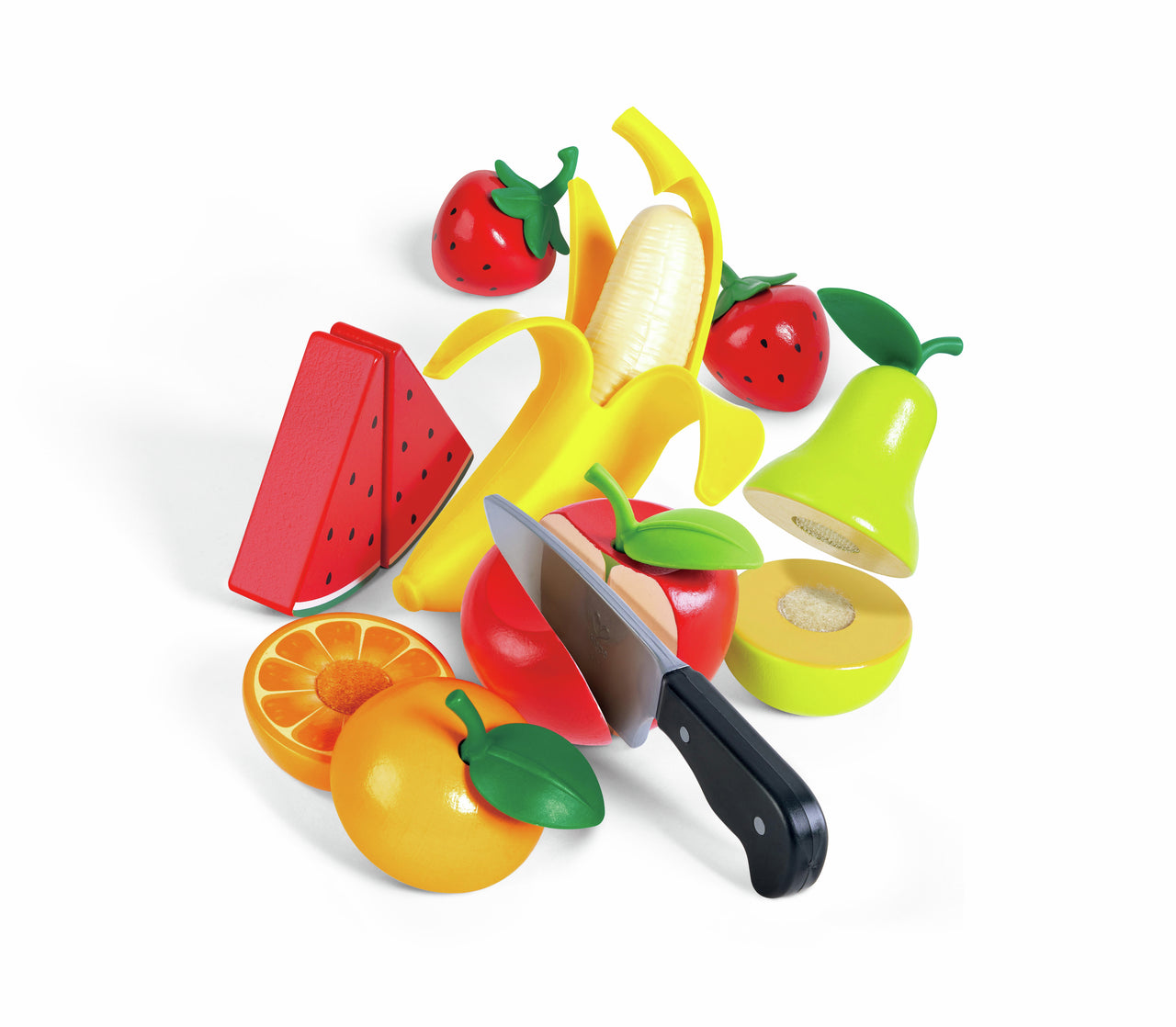 Toy wooden fruit set featuring a knife slicing an apple, banana, pear, orange, and watermelon