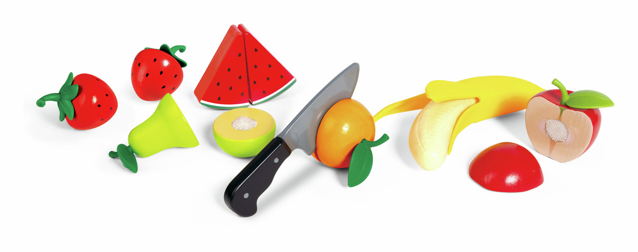 Colorful toy fruits (apple, banana, orange, watermelon) being cut with a play knife