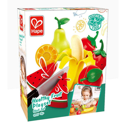 Hape Healthy Fruit Playset box showing toy banana, apple, watermelon being sliced, and a child playing