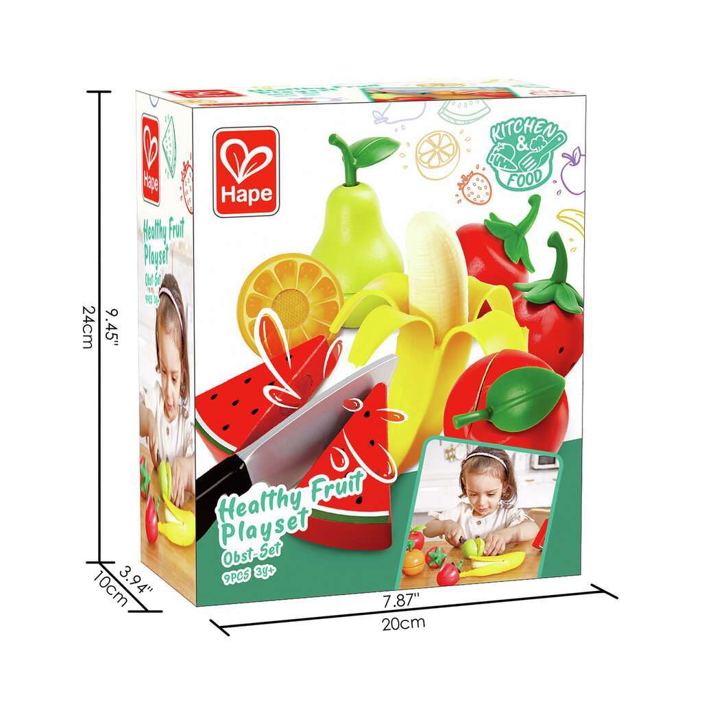 Hape Healthy Fruit Playset box featuring colorful plastic fruits, toy knife, and size dimensions