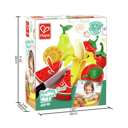 Hape Healthy Fruit Playset box featuring colorful plastic fruits, toy knife, and size dimensions