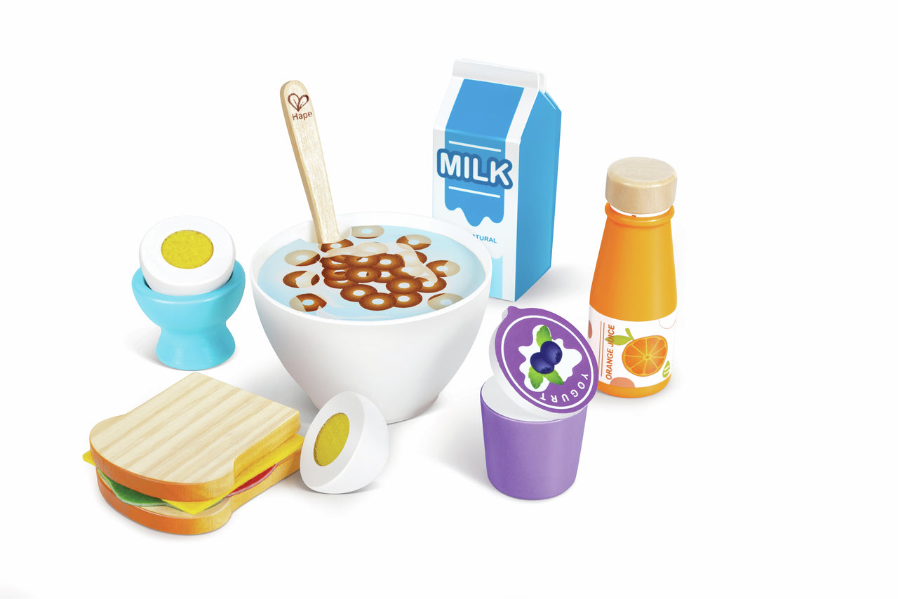 Colorful wooden play breakfast set featuring cereal, milk, juice, sandwich, egg, and yogurt