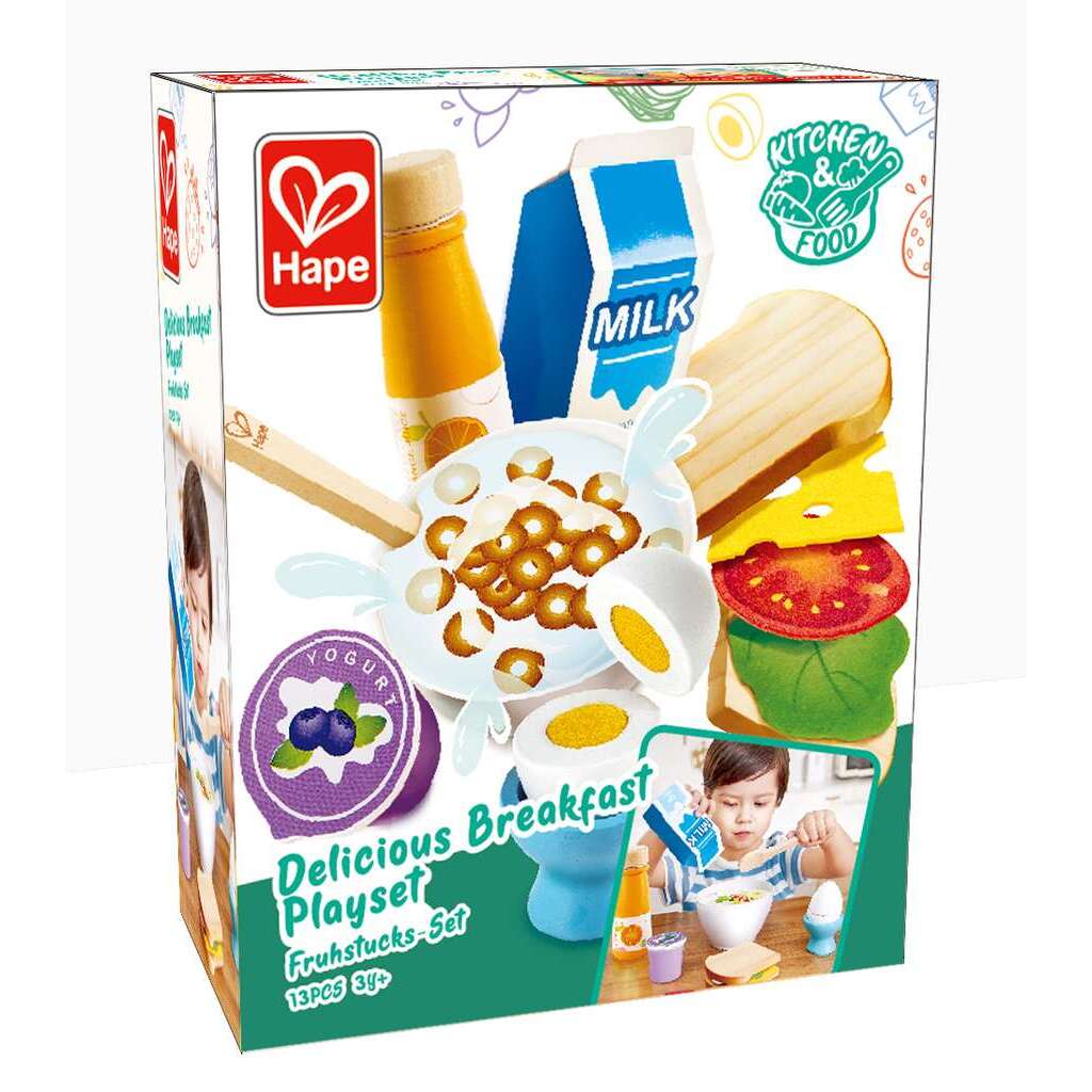 Hape Delicious Breakfast Playset box showing wooden toy food like cereal, milk, sandwich, and egg