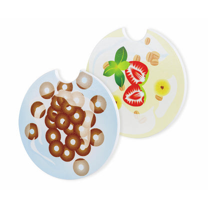 Pair of cup holder coasters with designs of chocolate cereal and strawberry yogurt