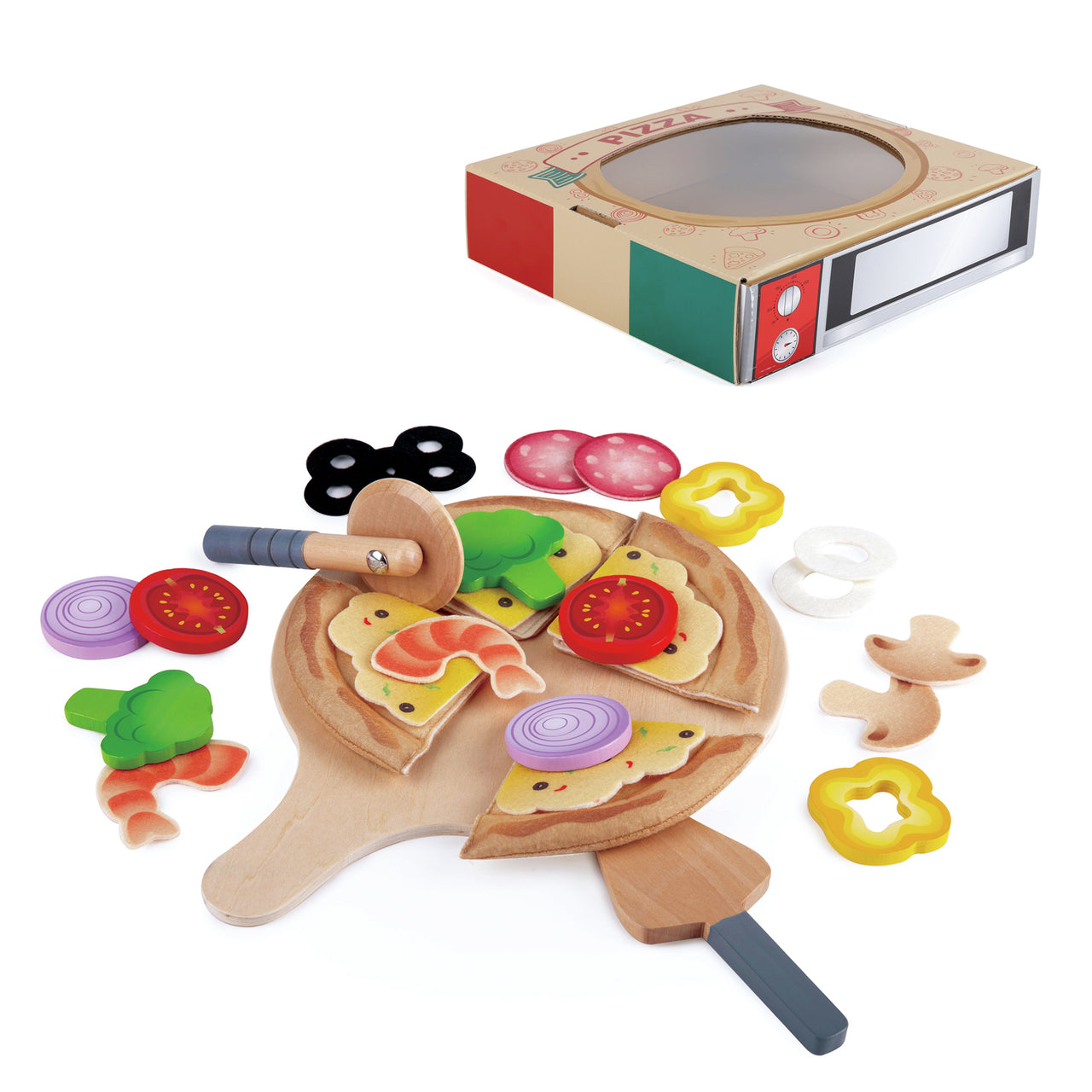 Sliced wooden toy pizza play set on a peel with colorful toppings, cutter, and a miniature oven box