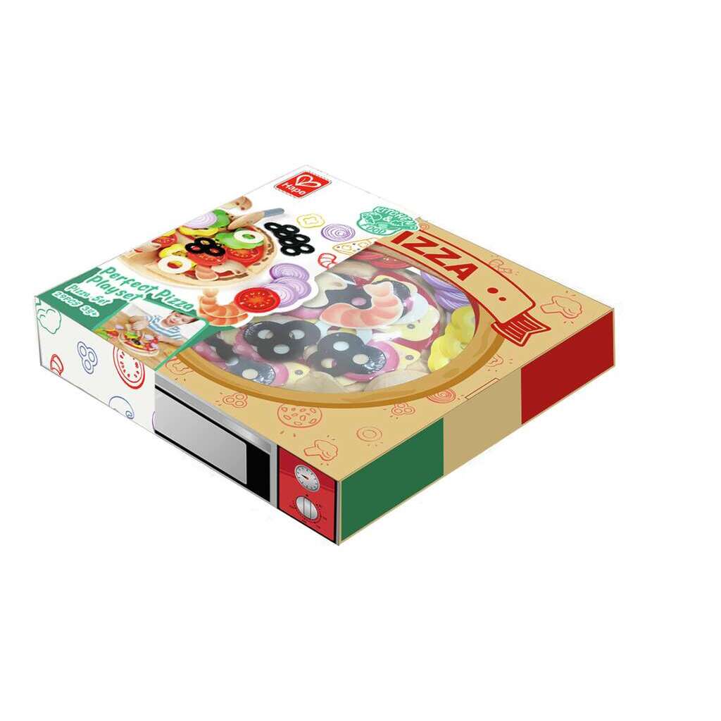 Boxed Hape Perfect Pizza Playset, a children's toy featuring colorful toppings and ingredients