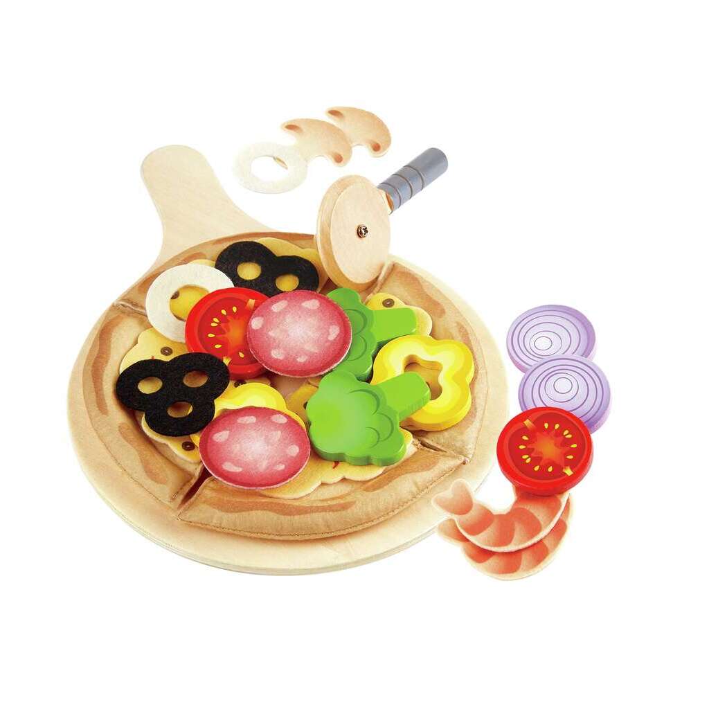 Wooden toy pizza on a peel with colorful felt and wooden toppings, including a play pizza cutter