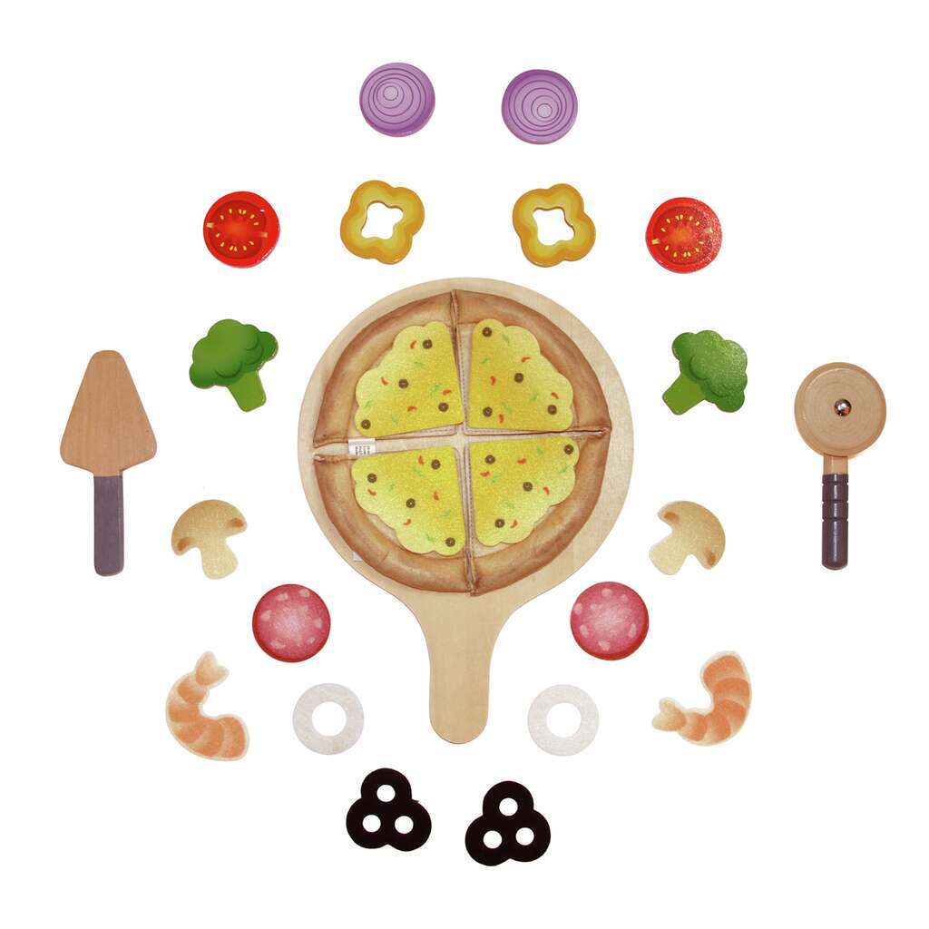 A wooden play pizza set featuring a sliced pizza on a paddle, surrounded by various toy toppings, a spatula, and a pizza cutter