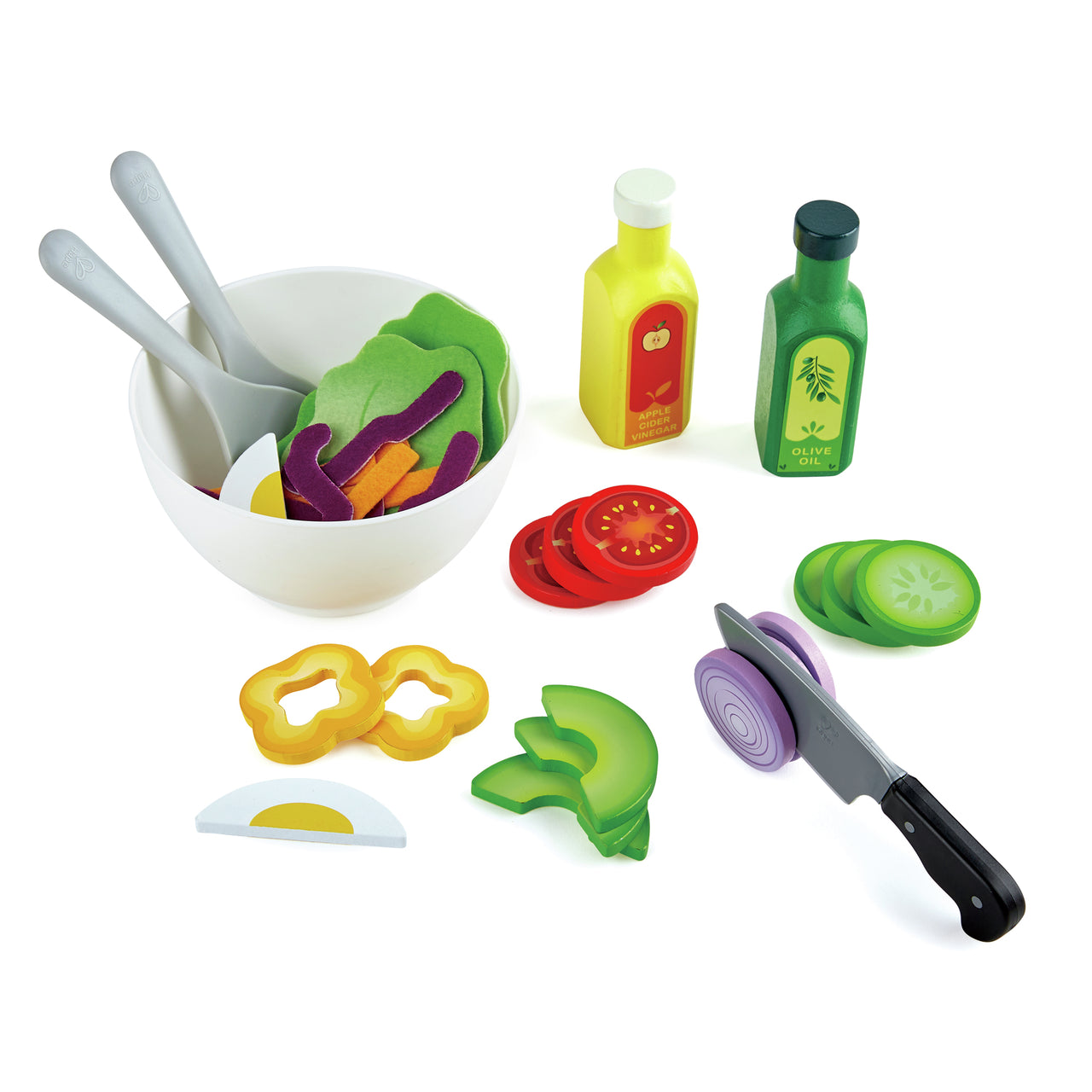 Wooden and felt play salad set including a bowl, spoons, sliced vegetables, toy knife, and dressing bottles