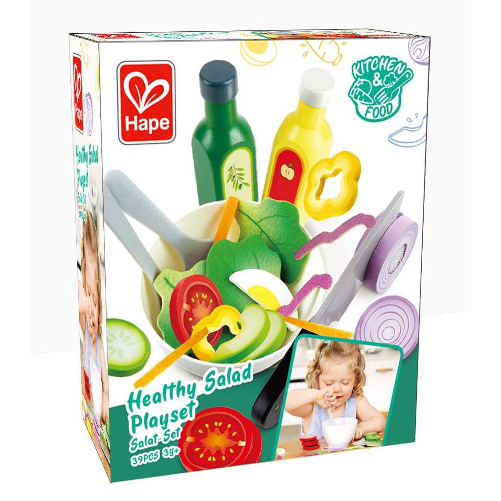 Hape Healthy Salad Playset box featuring a bowl overflowing with colorful toy vegetables, tongs, and dressing bottles